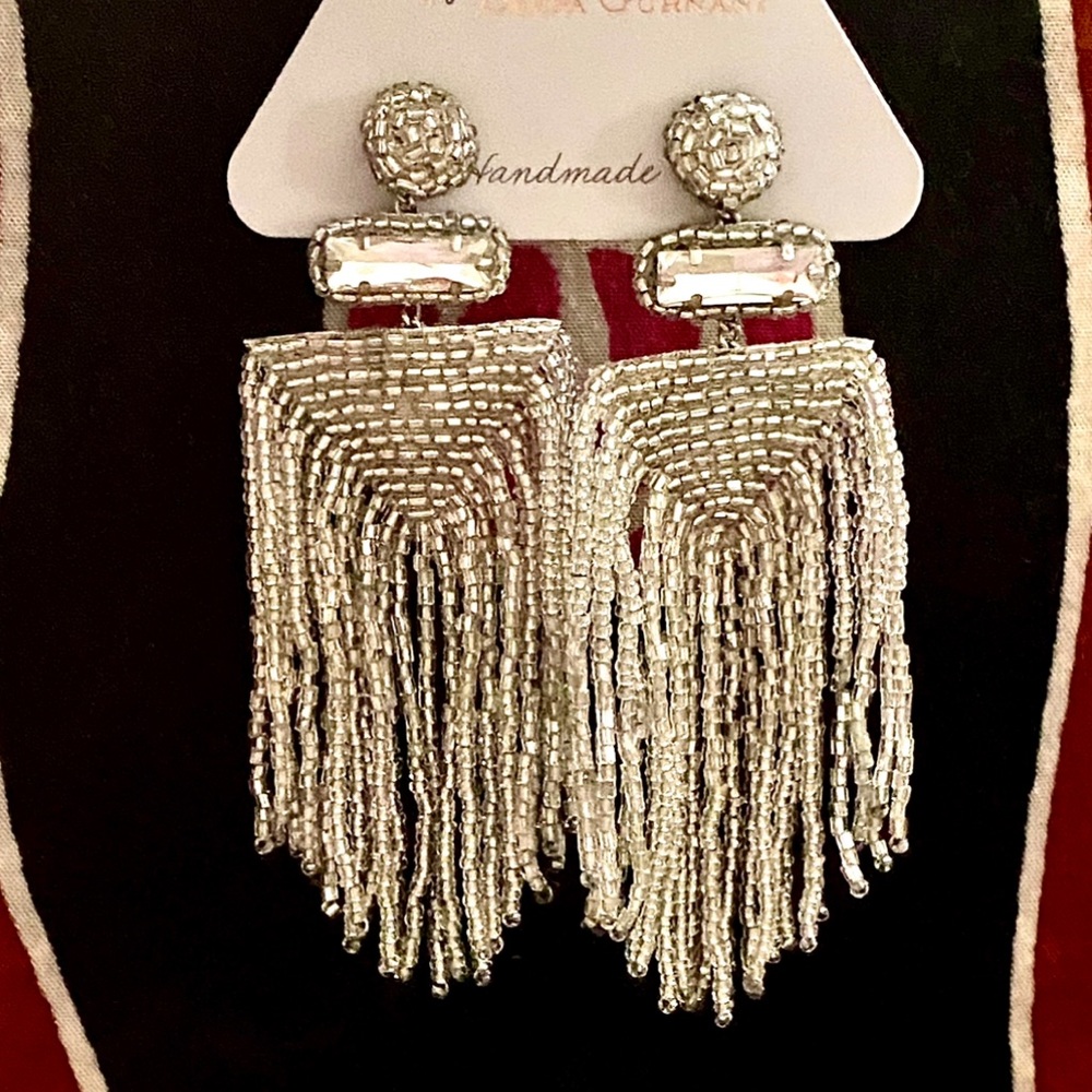 πΊπNWTππΊ Anthropologie Deepa Silver Beaded Fringe Chandeliers - Picture 4 of 16